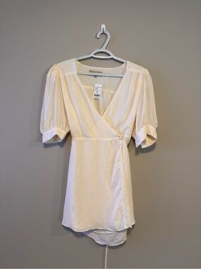 Dance & Marvel Cream Wrap Mini Dress with Puff Sleeves